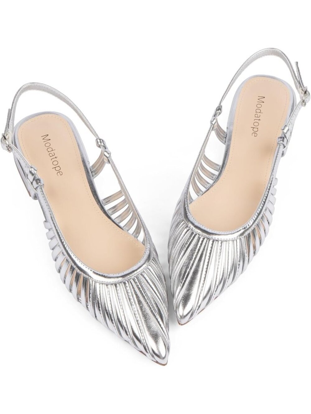 Women's Silver Slingback Flats Pointed Toe Classic Sandals Buckle Shoes